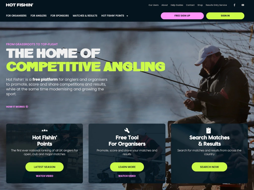 Screenshot of Hot Fishin' website with the title 'The home of competitive angling'